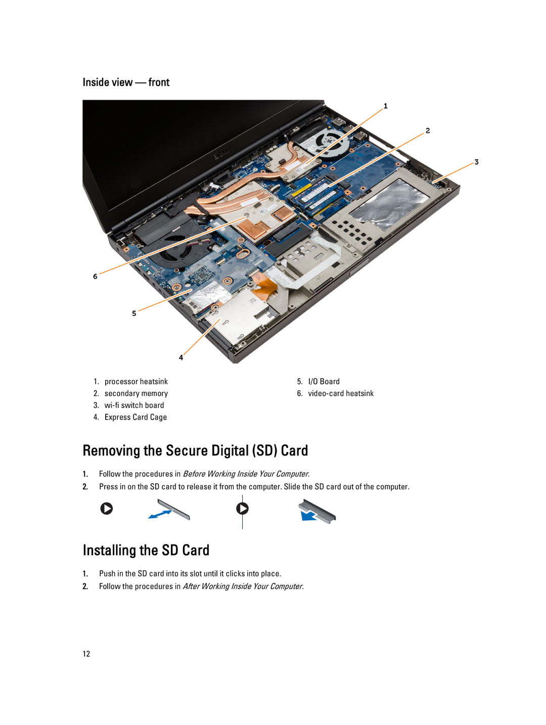 Dell M6800 owner manual Removing the Secure Digital SD Card, Installing the SD Card 