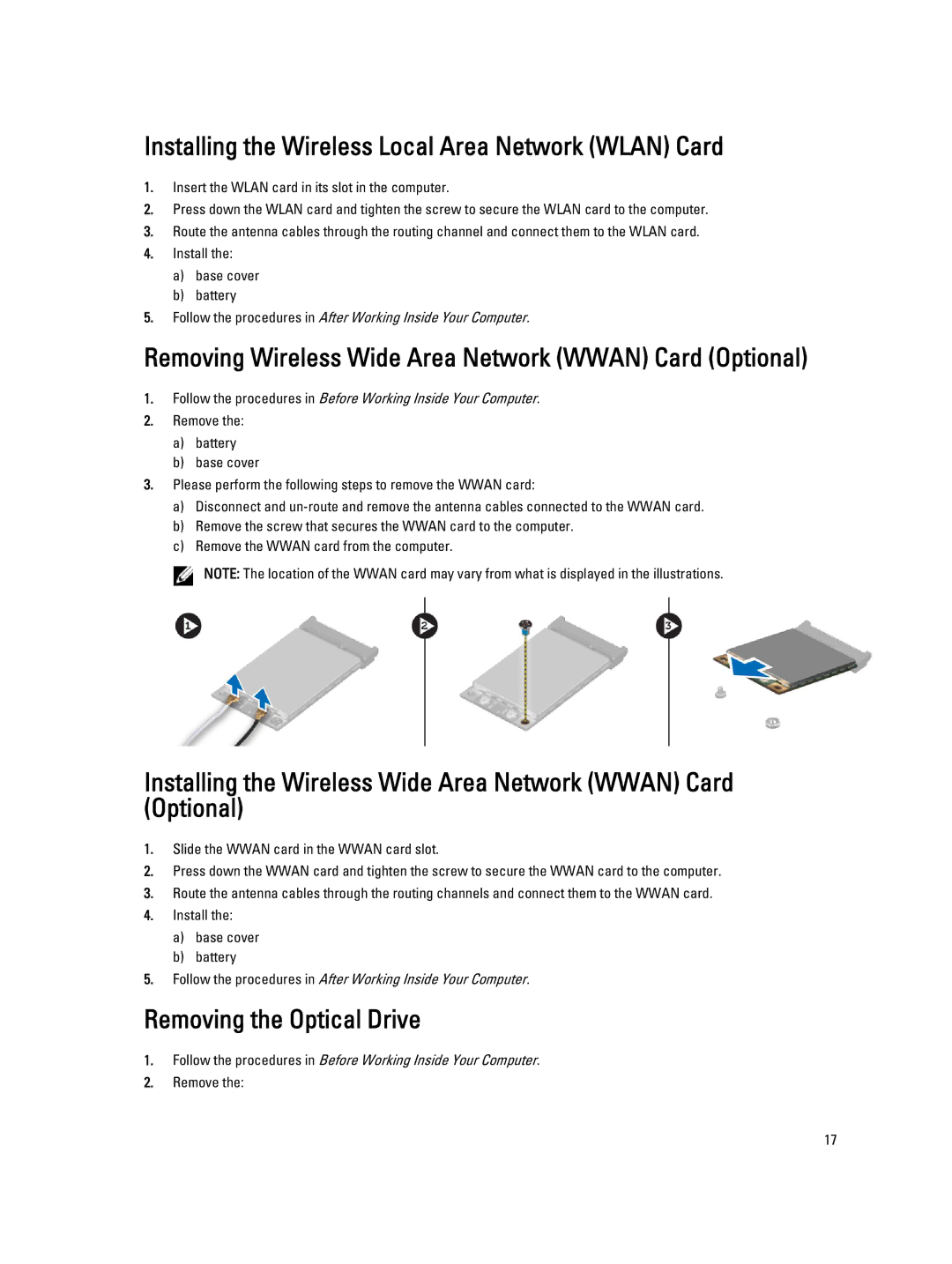 Dell M6800 Installing the Wireless Local Area Network Wlan Card, Removing Wireless Wide Area Network Wwan Card Optional 