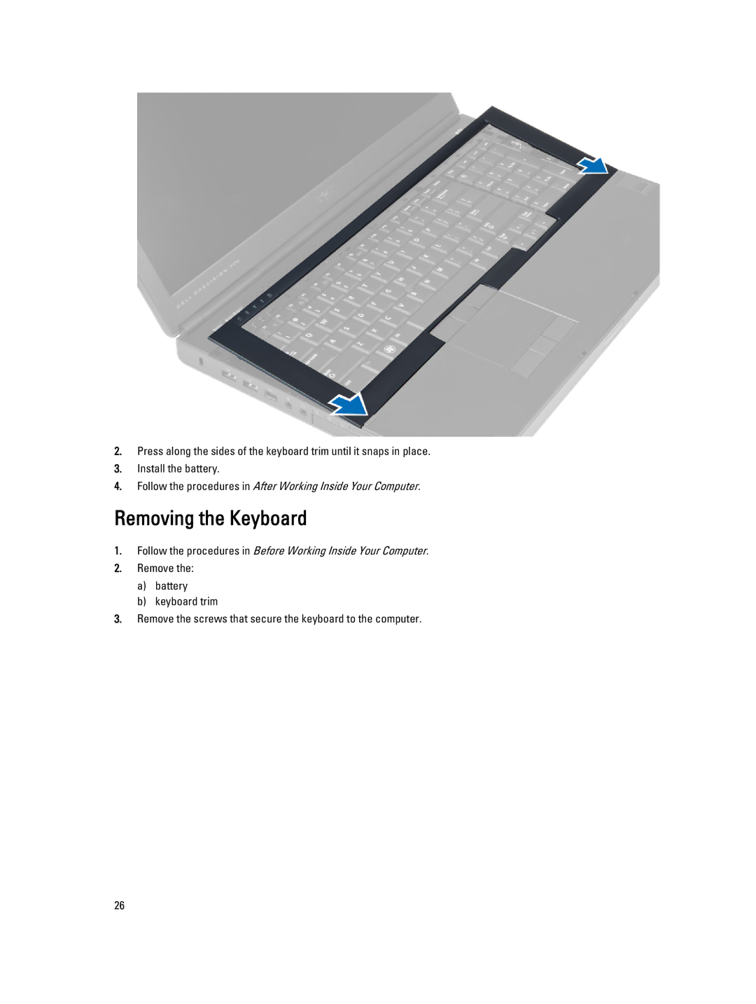 Dell M6800 owner manual Removing the Keyboard 