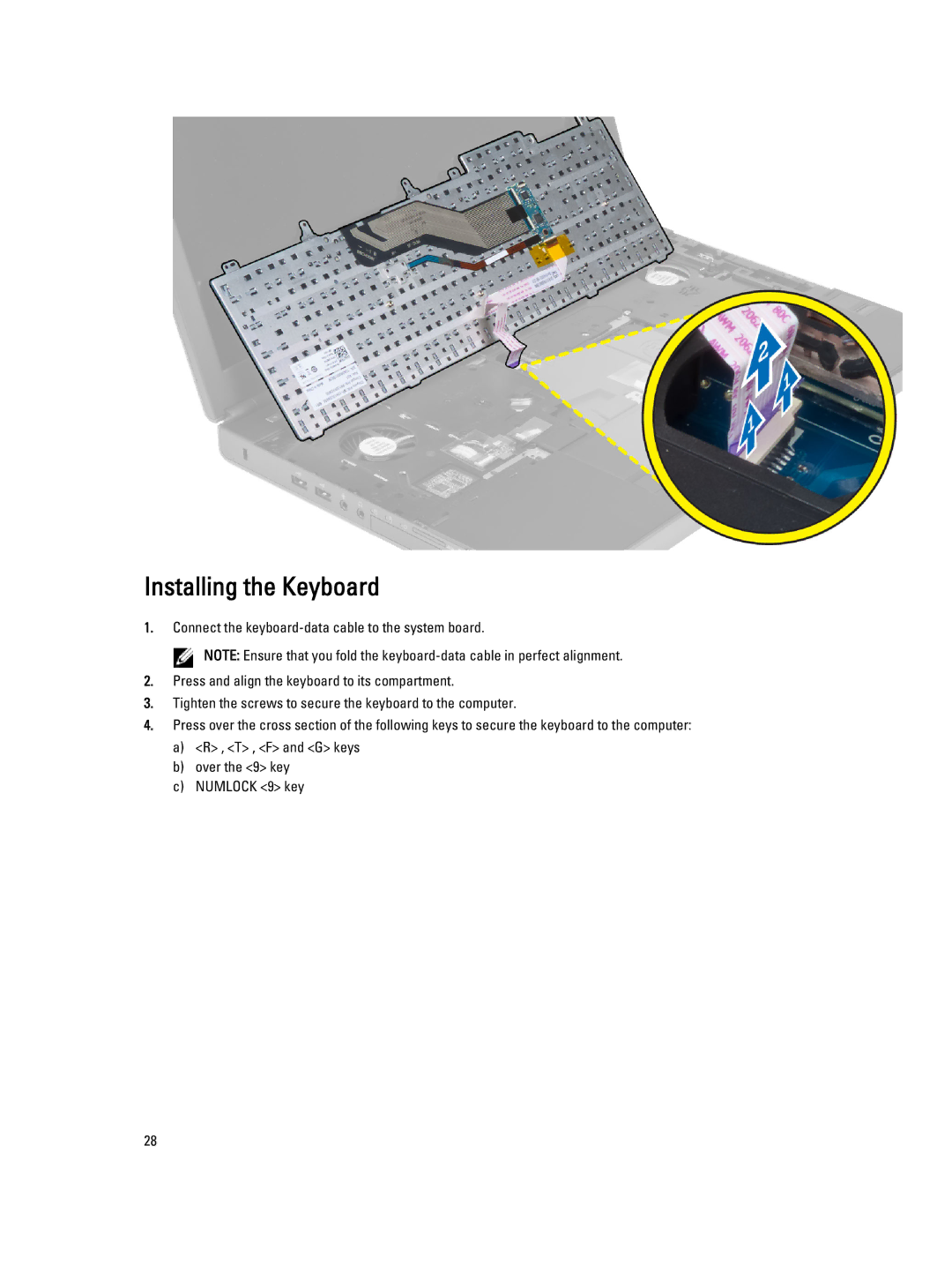 Dell M6800 owner manual Installing the Keyboard 