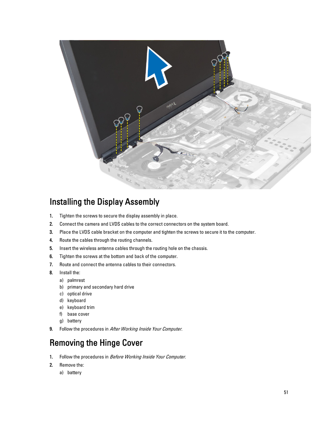 Dell M6800 owner manual Installing the Display Assembly, Removing the Hinge Cover 