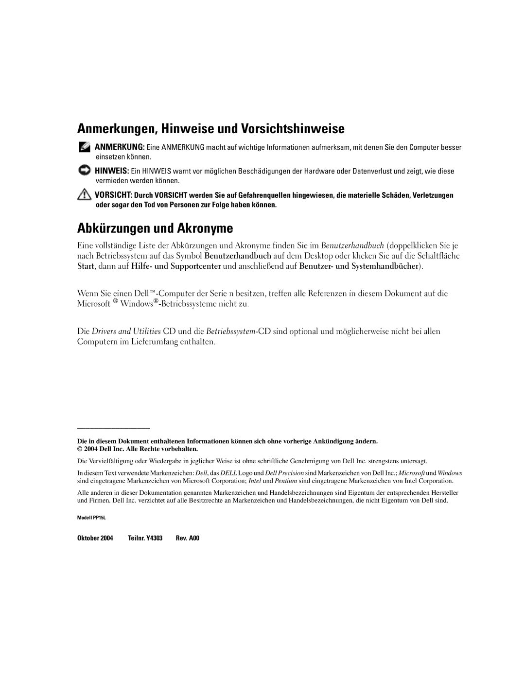 Dell M70 Mobile manual Anmerkungen, Hinweise und Vorsichtshinweise, Abkürzungen und Akronyme 