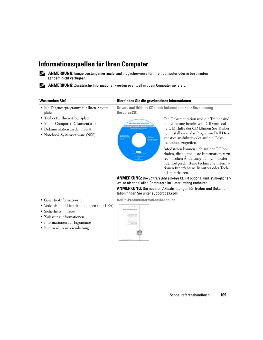 Dell M70 Mobile manual Informationsquellen für Ihren Computer, 109 