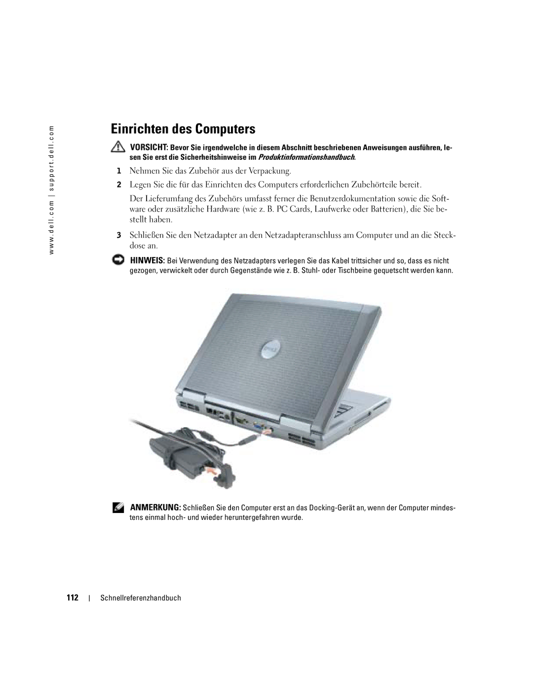 Dell M70 Mobile manual Einrichten des Computers, 112 