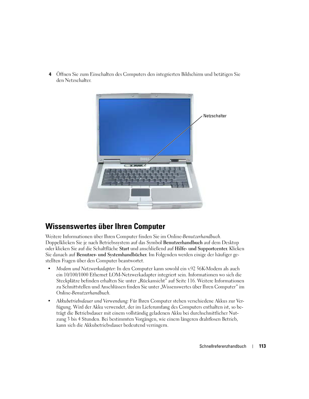 Dell M70 Mobile manual Wissenswertes über Ihren Computer, 113, Netzschalter 