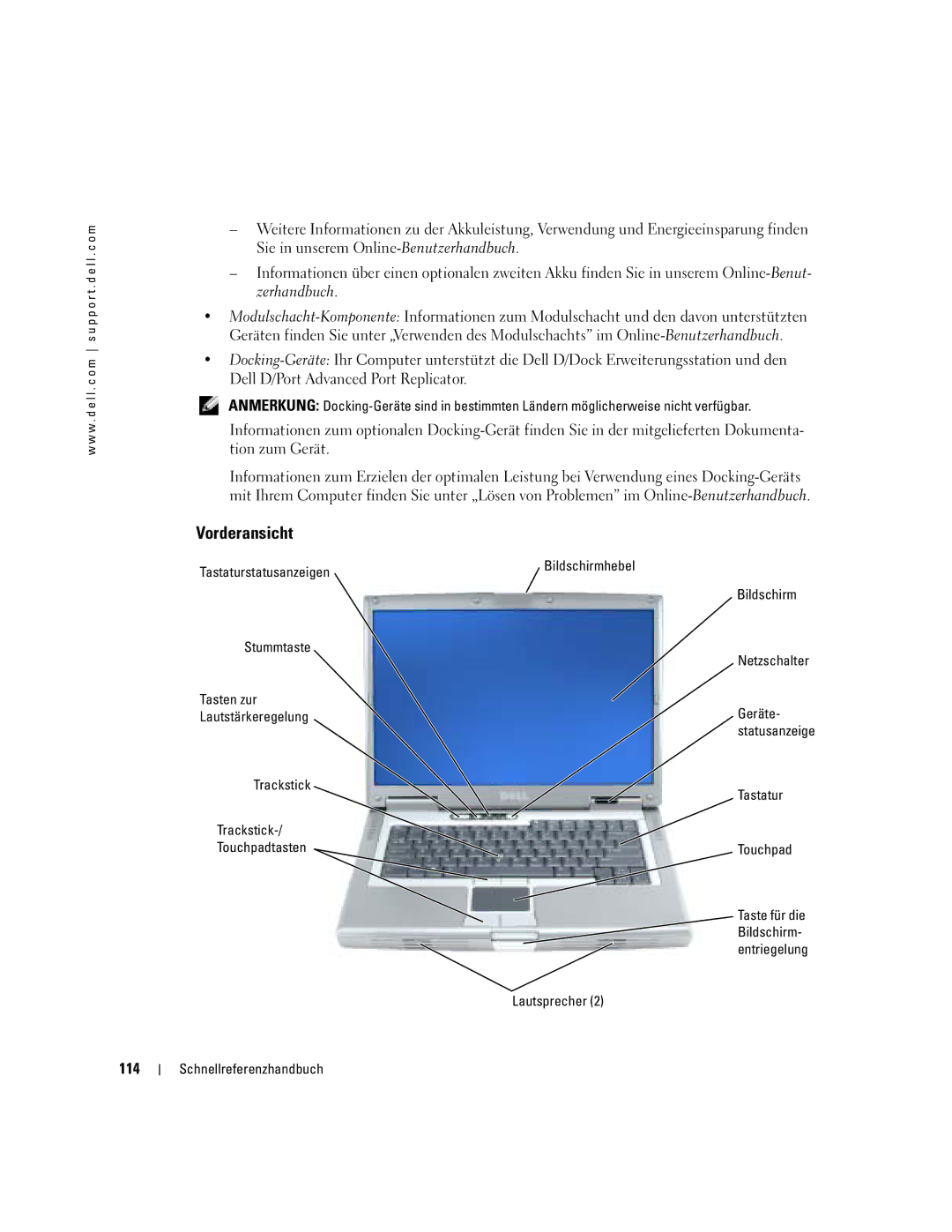 Dell M70 Mobile manual Vorderansicht, 114, Tastaturstatusanzeigen, Tastatur Touchpad, Lautsprecher 