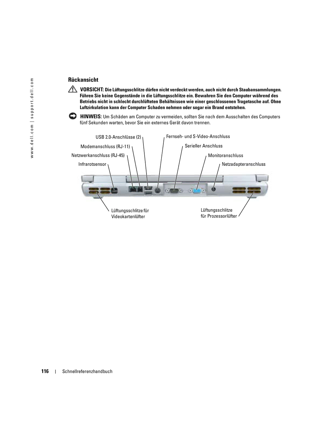 Dell M70 Mobile manual Rückansicht, 116, Lüftungsschlitze für Videokartenlüfter 