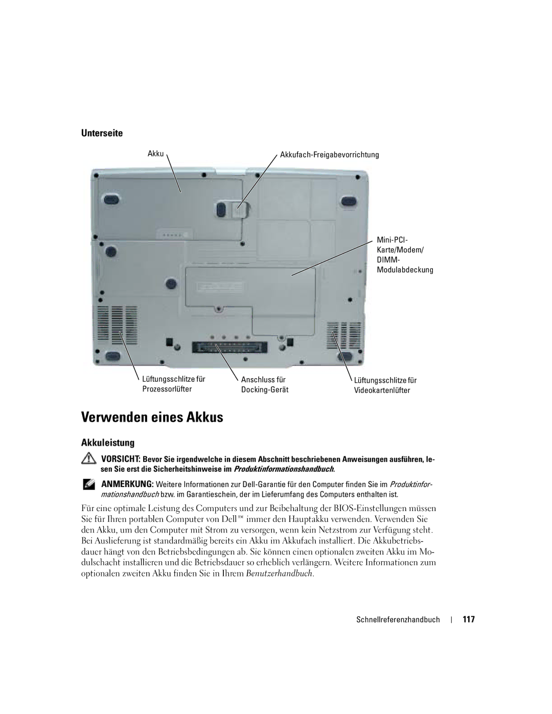 Dell M70 Mobile manual Verwenden eines Akkus, Unterseite, Akkuleistung, 117 