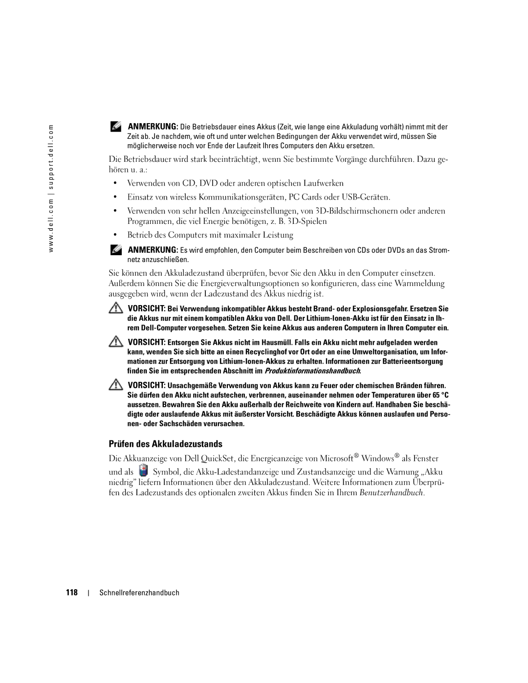 Dell M70 Mobile manual Prüfen des Akkuladezustands, 118 