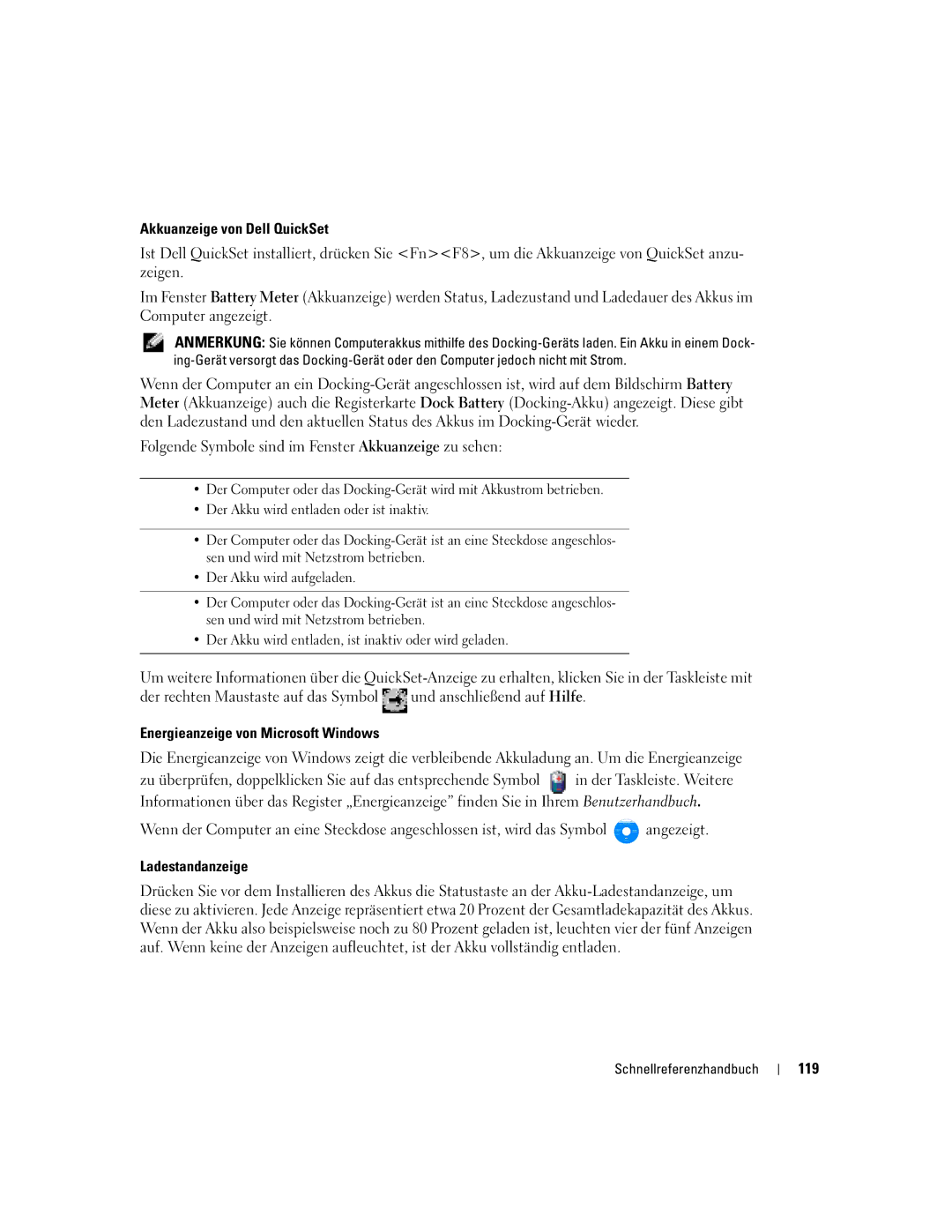 Dell M70 Mobile manual Folgende Symbole sind im Fenster Akkuanzeige zu sehen, 119 