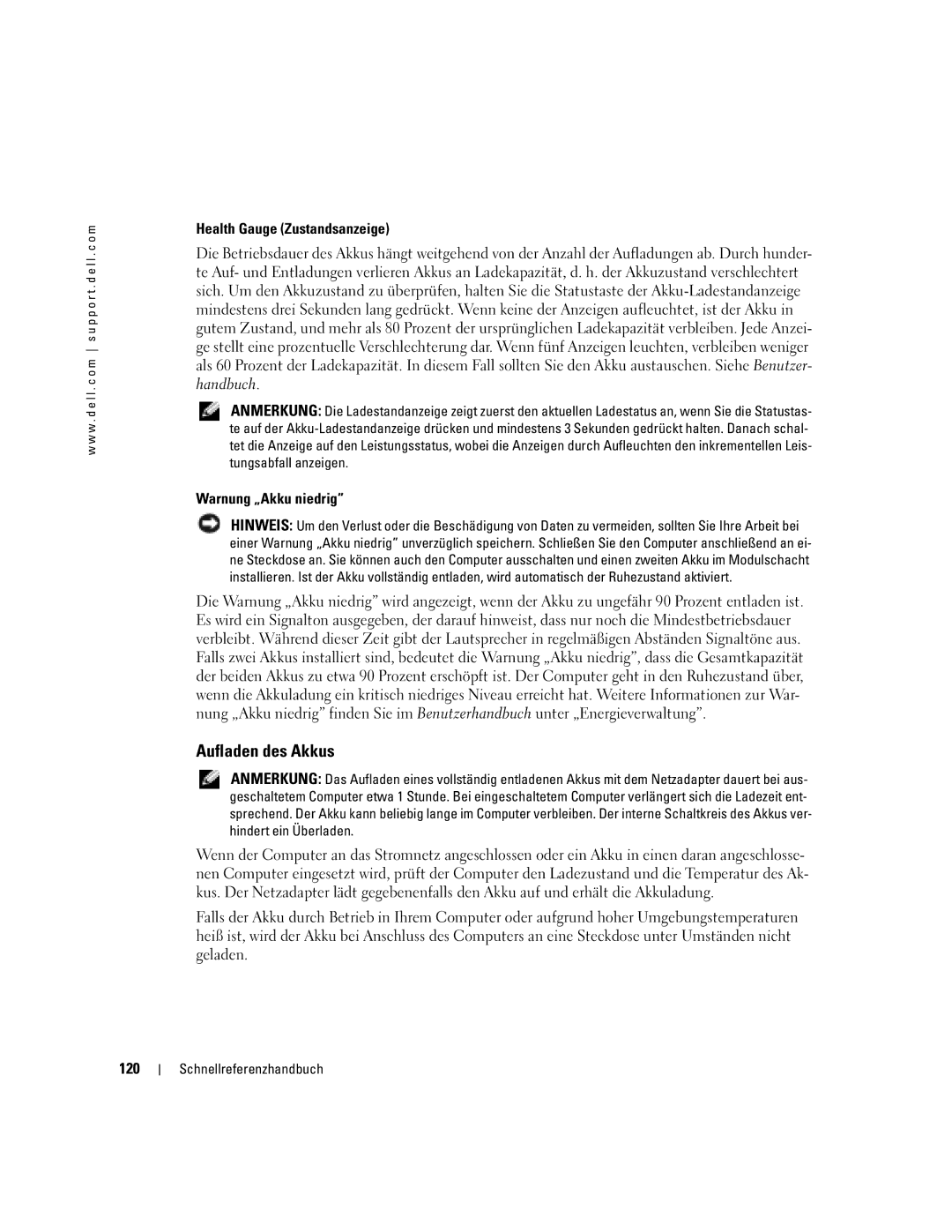 Dell M70 Mobile manual Aufladen des Akkus, Health Gauge Zustandsanzeige, Warnung „Akku niedrig 