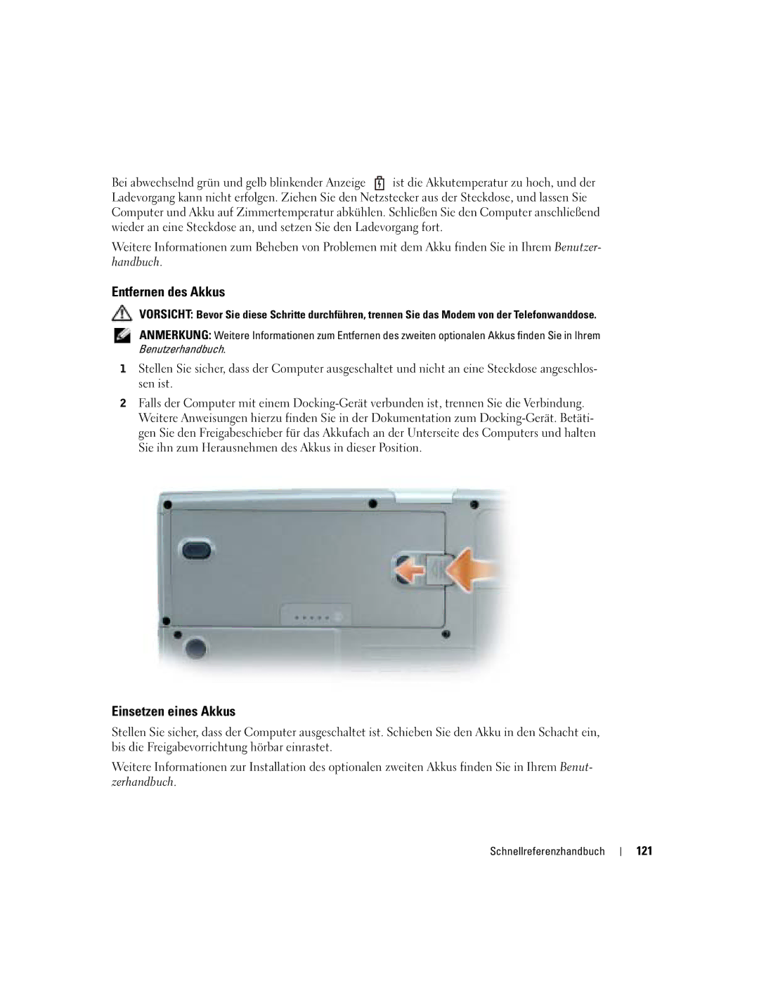 Dell M70 Mobile manual Entfernen des Akkus, Einsetzen eines Akkus, 121 