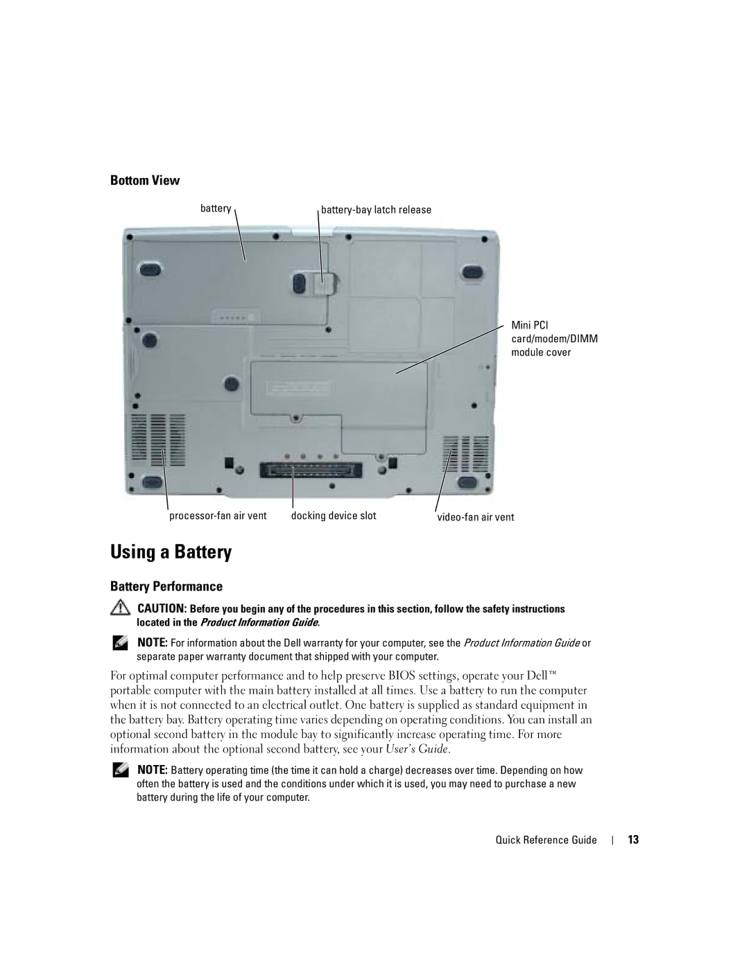 Dell M70 Mobile manual Using a Battery, Bottom View, Battery Performance, Processor-fan air vent Docking device slot 