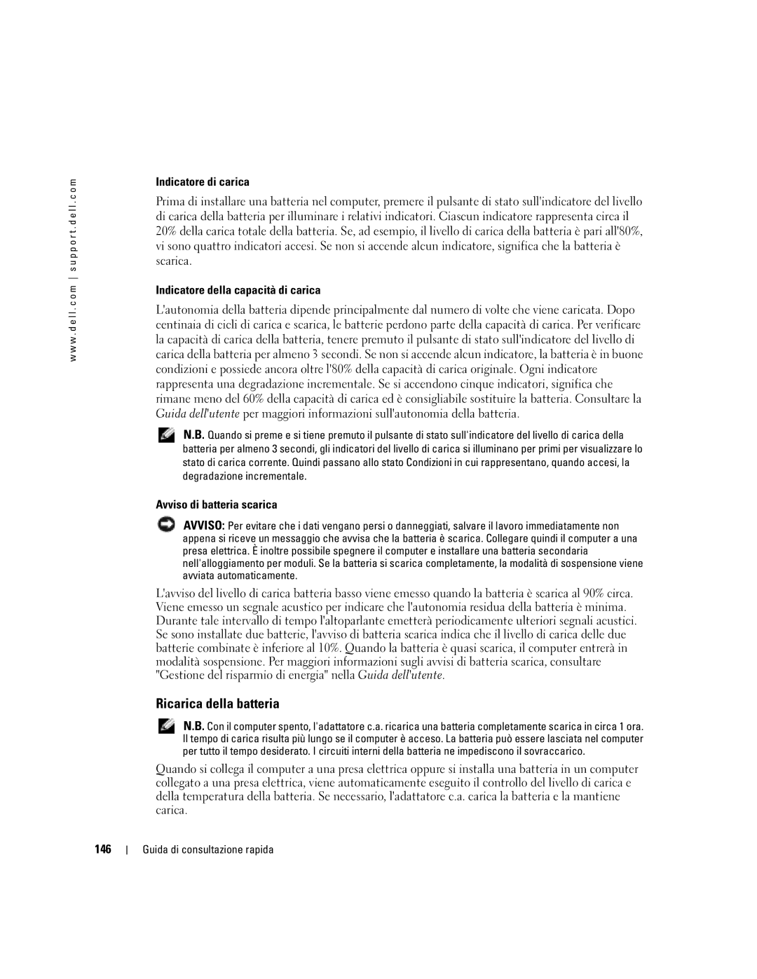 Dell M70 Mobile manual Ricarica della batteria, Indicatore di carica, Indicatore della capacità di carica, 146 