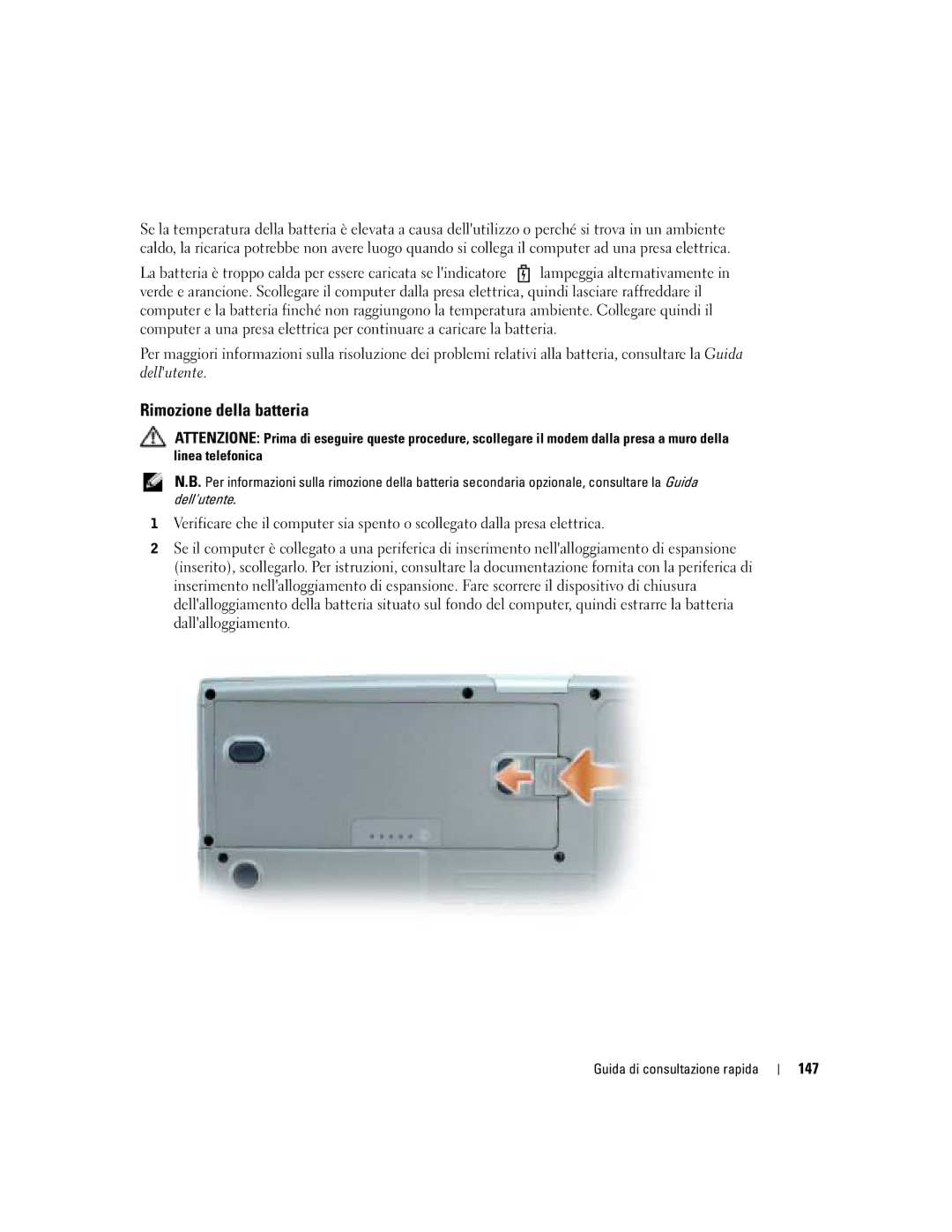 Dell M70 Mobile manual Rimozione della batteria, 147 