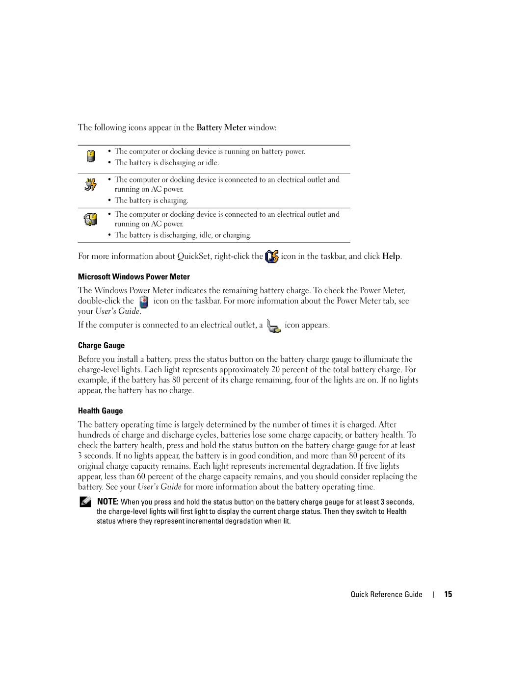 Dell M70 Mobile manual Following icons appear in the Battery Meter window 