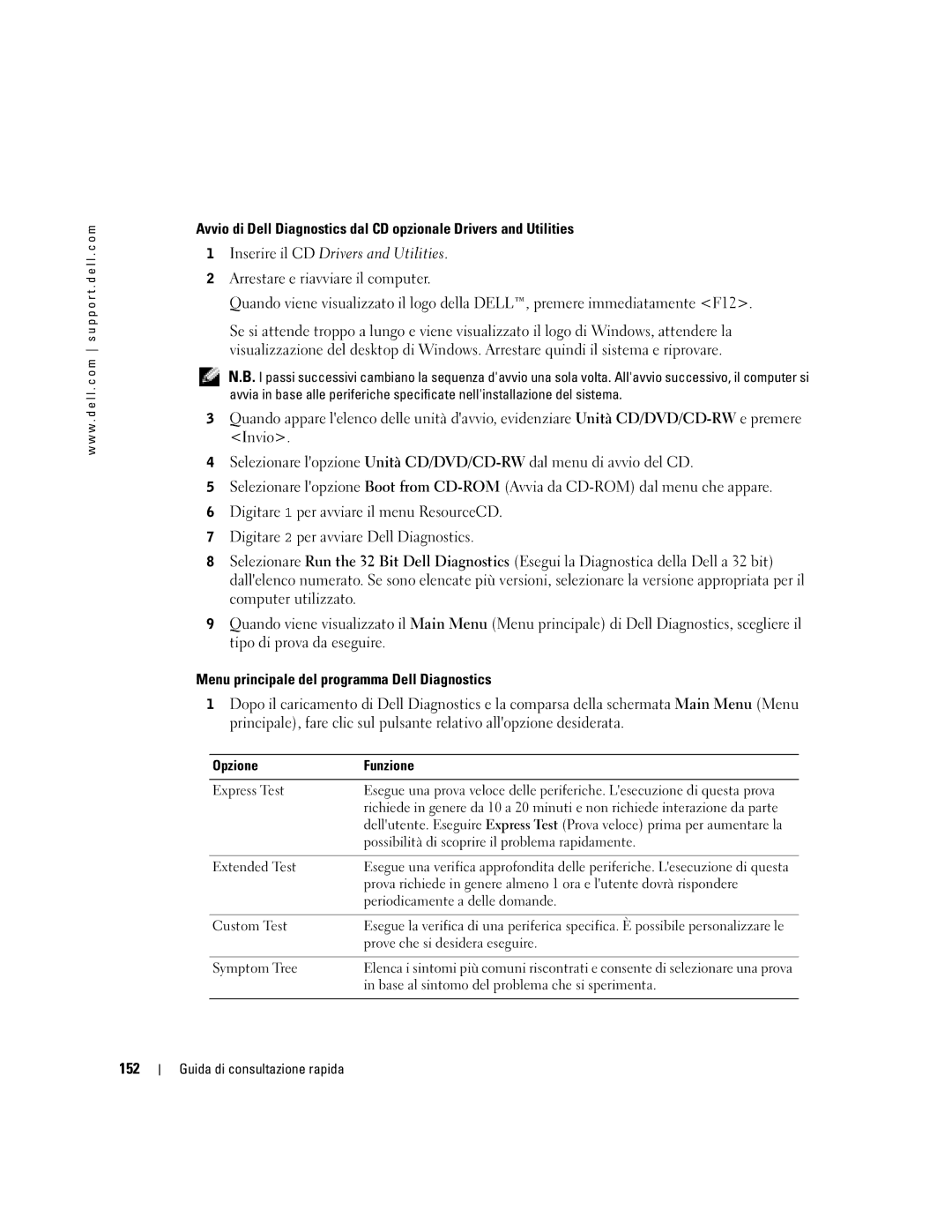 Dell M70 Mobile manual Menu principale del programma Dell Diagnostics, 152, Opzione Funzione 