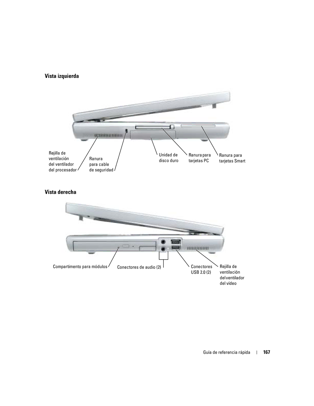 Dell M70 Mobile manual Vista izquierda, Vista derecha, 167 