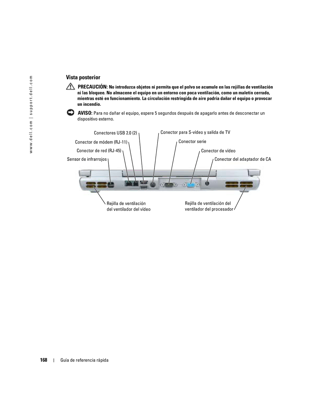 Dell M70 Mobile manual Vista posterior, 168, Rejilla de ventilación, Del ventilador del vídeo 
