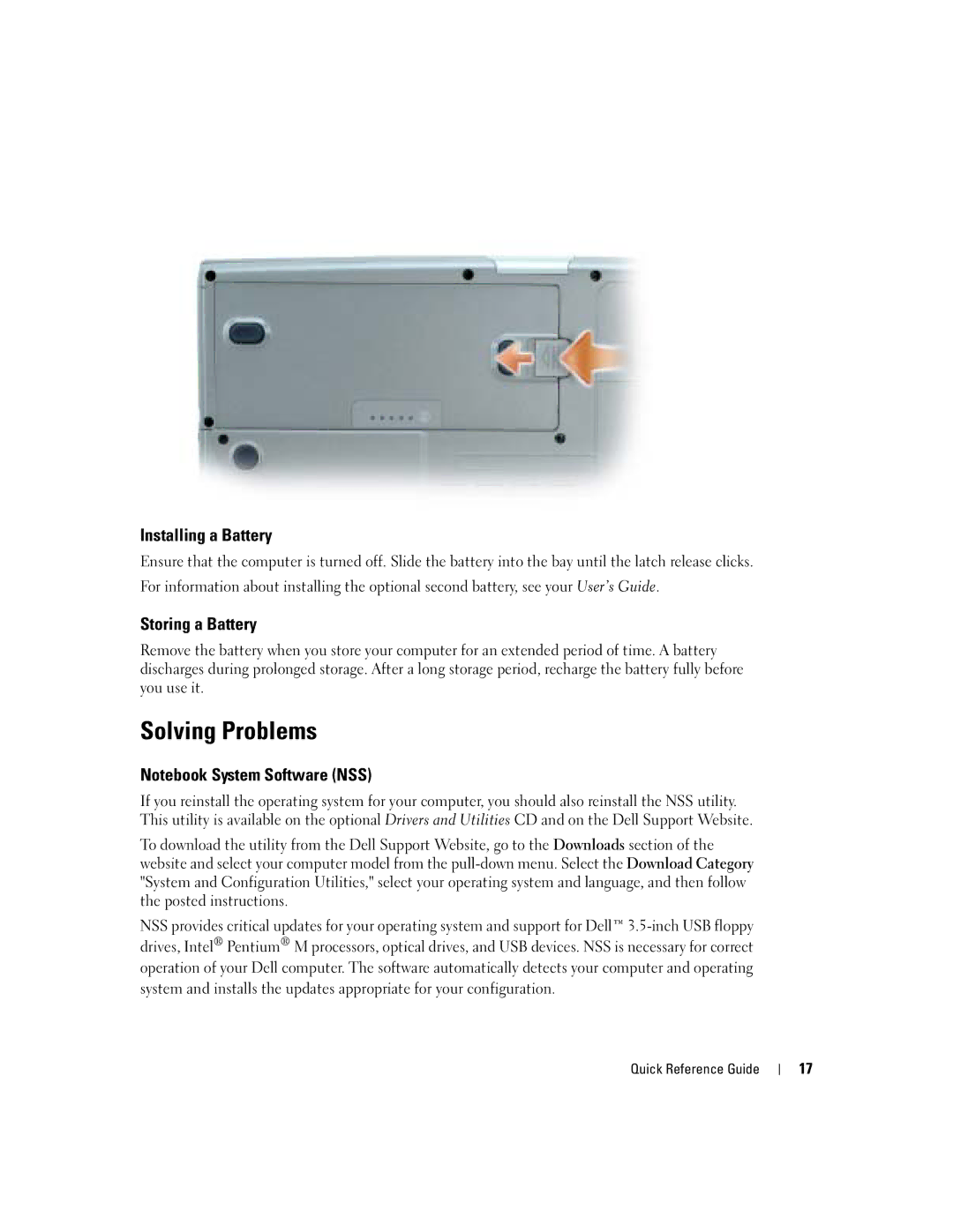 Dell M70 Mobile manual Solving Problems, Installing a Battery, Storing a Battery 