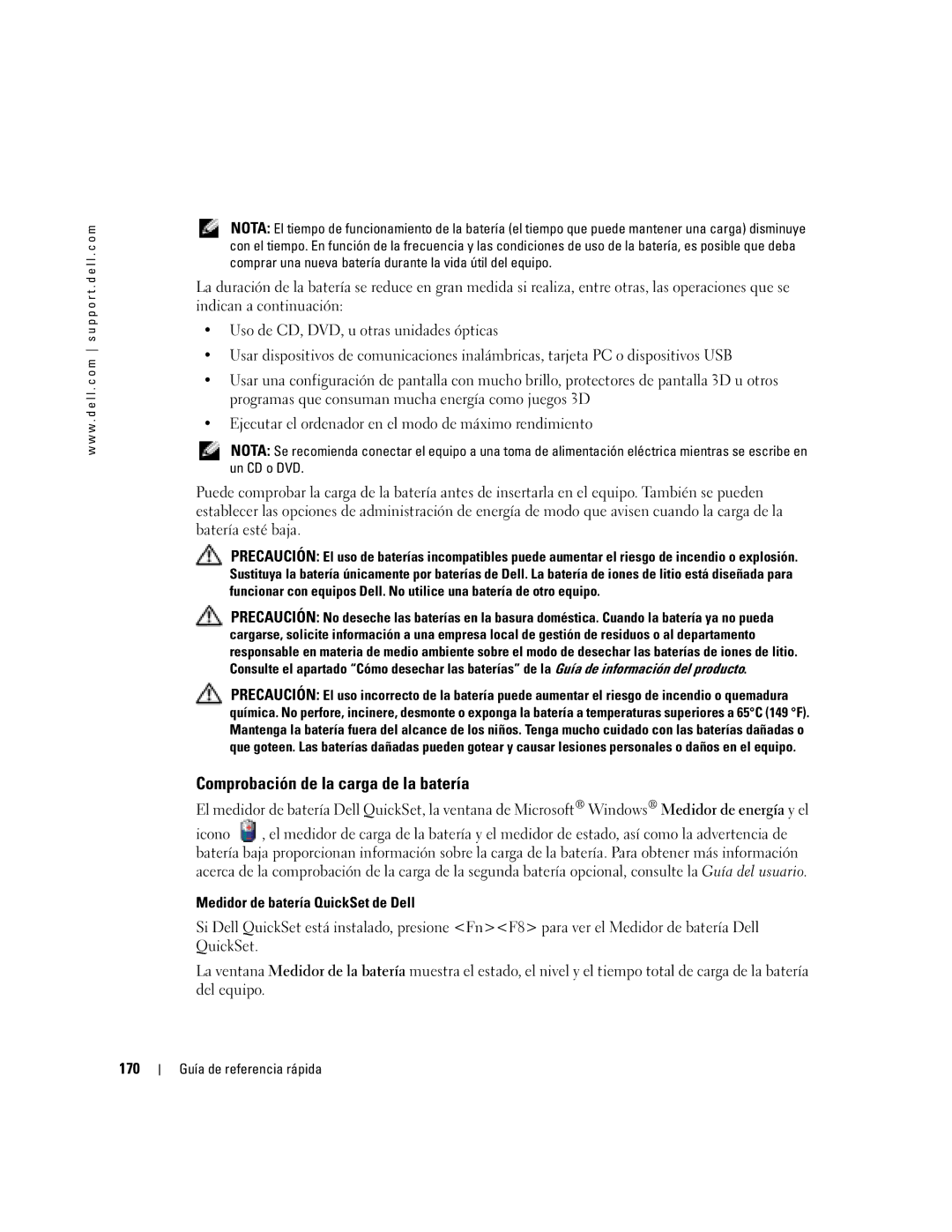 Dell M70 Mobile manual Comprobación de la carga de la batería, Medidor de batería QuickSet de Dell, 170 