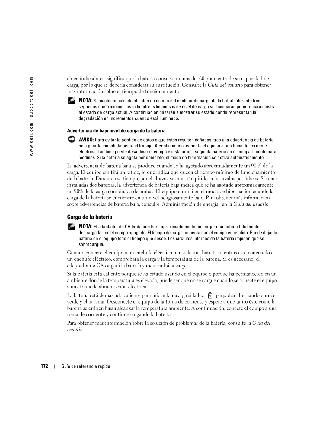 Dell M70 Mobile manual Carga de la batería, Advertencia de bajo nivel de carga de la batería, 172 