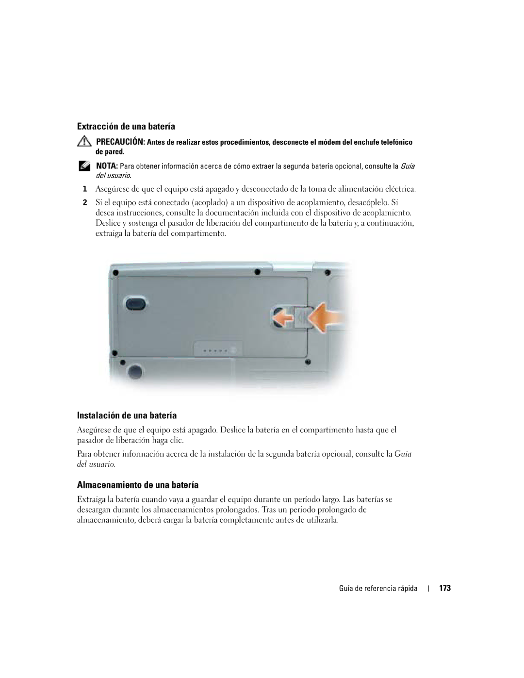 Dell M70 Mobile manual Extracción de una batería, Instalación de una batería, Almacenamiento de una batería, 173 