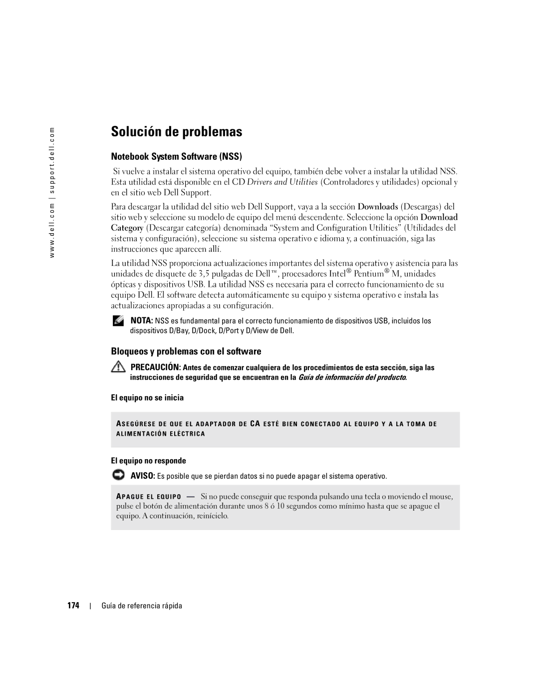 Dell M70 Mobile Solución de problemas, Bloqueos y problemas con el software, El equipo no se inicia, El equipo no responde 