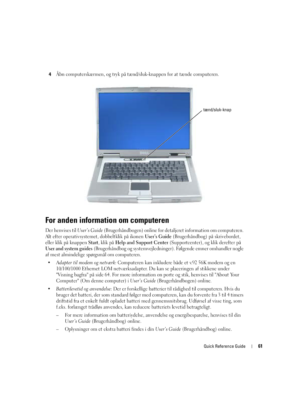Dell M70 Mobile manual For anden information om computeren, Tænd/sluk-knap 