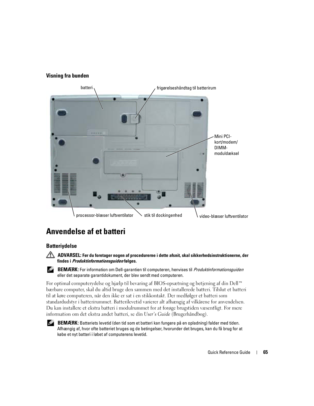 Dell M70 Mobile manual Anvendelse af et batteri, Visning fra bunden, Batteriydelse 