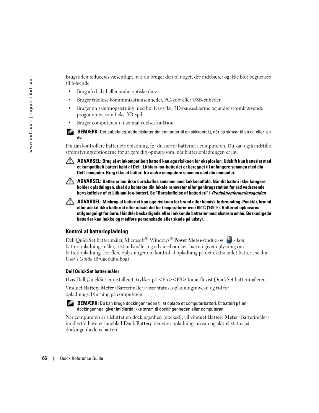 Dell M70 Mobile manual Kontrol af batteriopladning, Dell QuickSet batterimåler 