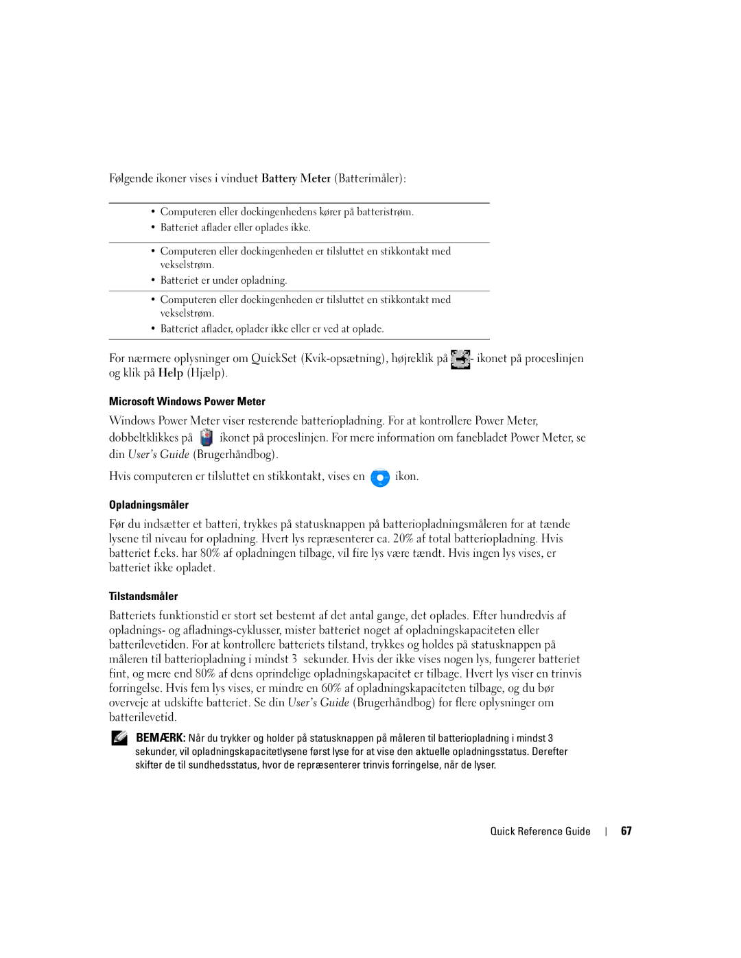 Dell M70 Mobile manual Opladningsmåler, Tilstandsmåler 