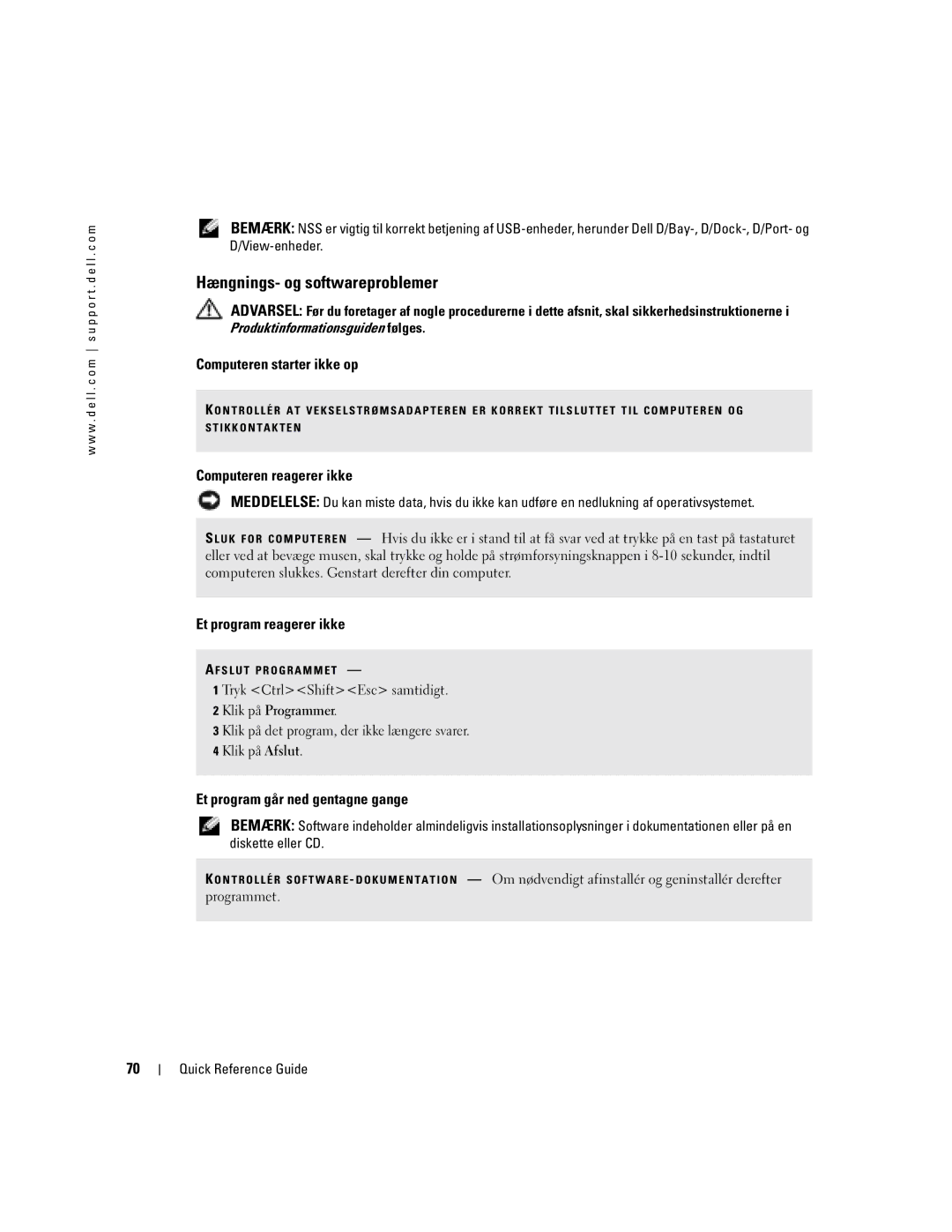 Dell M70 Mobile manual Hængnings- og softwareproblemer, Computeren starter ikke op, Computeren reagerer ikke 