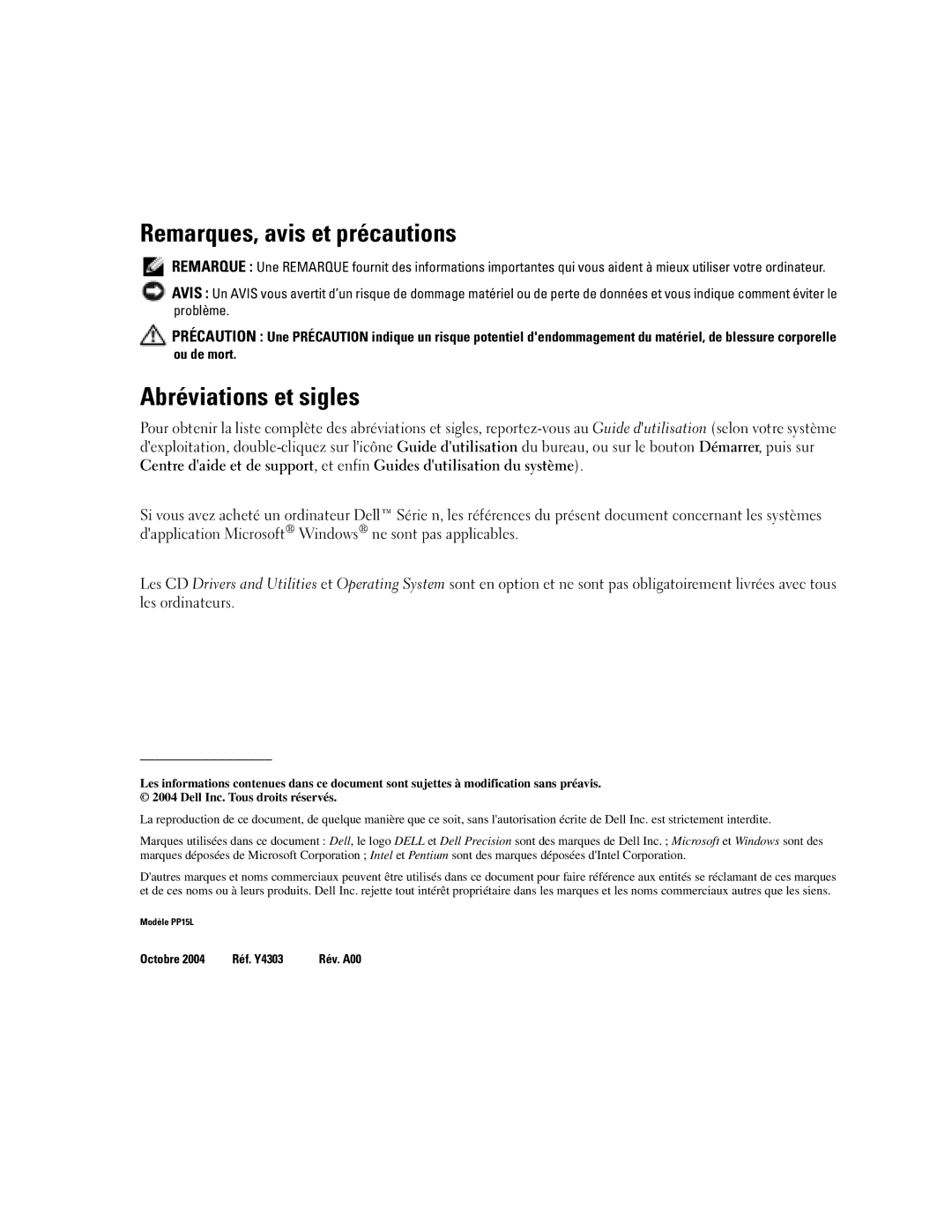 Dell M70 Mobile manual Remarques, avis et précautions, Abréviations et sigles 