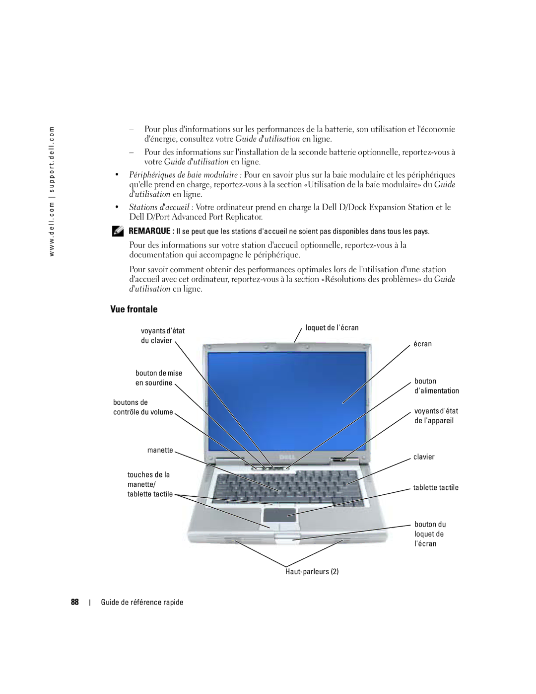 Dell M70 Mobile manual Vue frontale, Voyants détat, Du clavier, Manette, Écran 