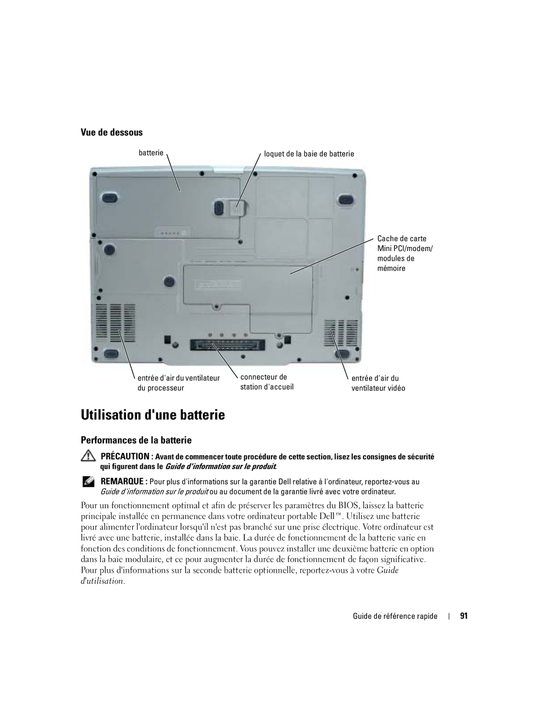 Dell M70 Mobile manual Utilisation dune batterie, Vue de dessous, Performances de la batterie, Batterie 