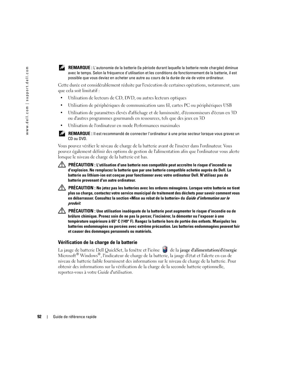 Dell M70 Mobile manual Vérification de la charge de la batterie 