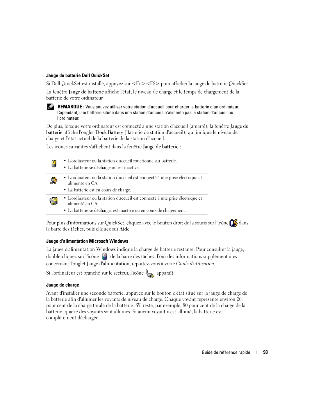 Dell M70 Mobile manual Jauge de batterie Dell QuickSet, Jauge dalimentation Microsoft Windows, Jauge de charge 