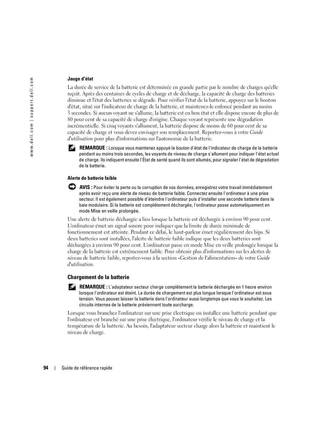Dell M70 Mobile manual Chargement de la batterie, Jauge détat, Alerte de batterie faible 