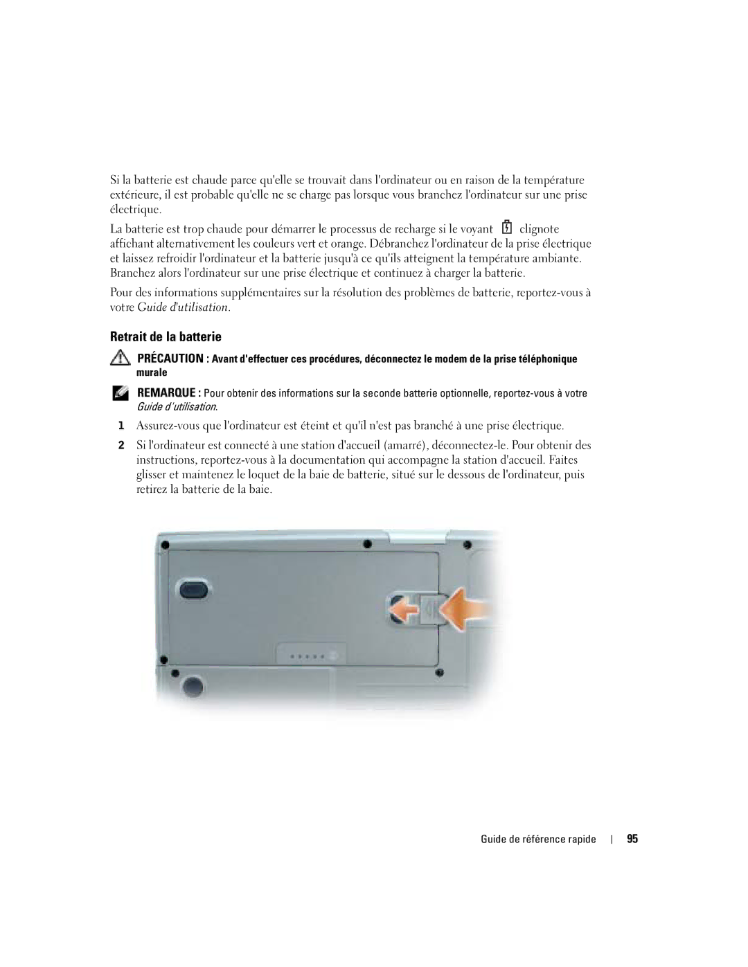 Dell M70 Mobile manual Retrait de la batterie 