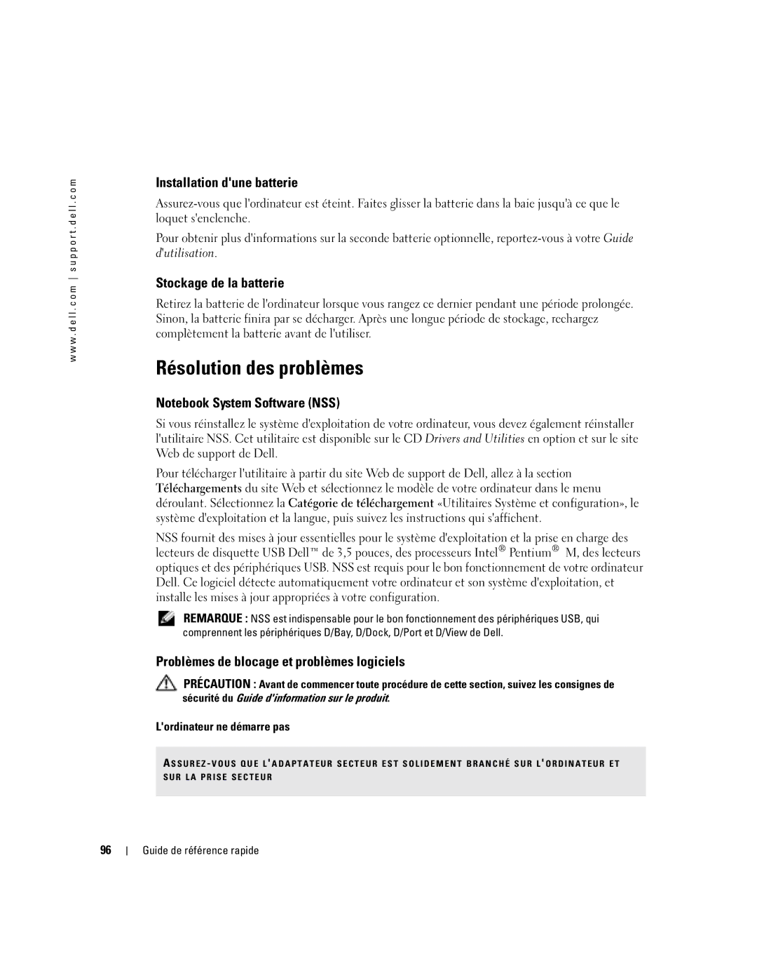 Dell M70 Mobile Résolution des problèmes, Installation dune batterie, Stockage de la batterie, Lordinateur ne démarre pas 