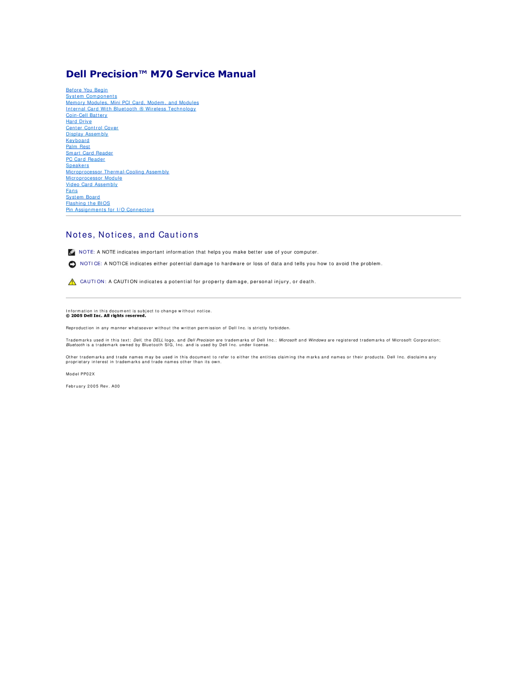 Dell M70 manual Model PP02X February 2005 Rev. A00 