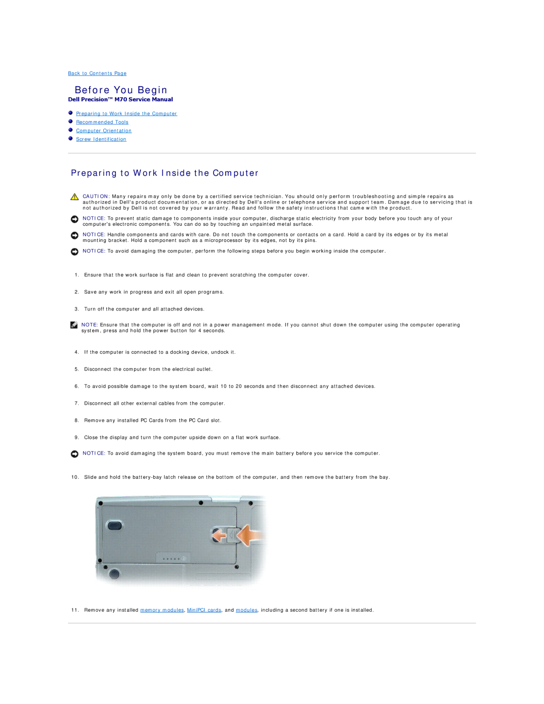 Dell M70 manual Before You Begin, Preparing to Work Inside the Computer 