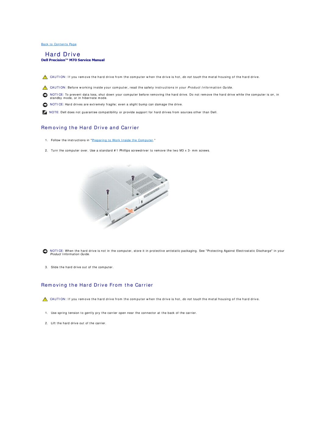 Dell M70 manual Removing the Hard Drive and Carrier, Removing the Hard Drive From the Carrier 