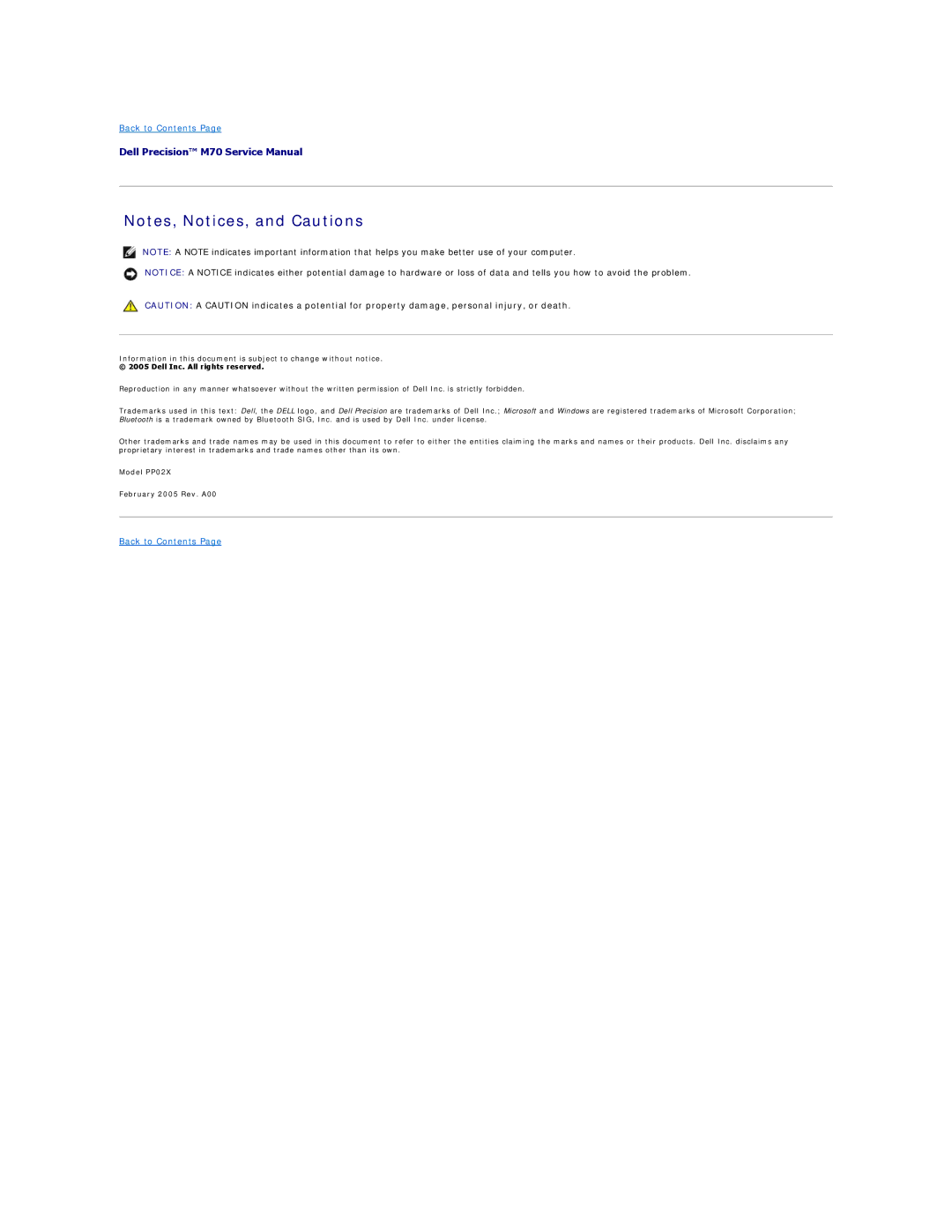 Dell M70 manual Model PP02X February 2005 Rev. A00 