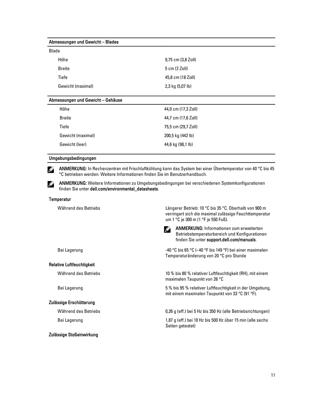 Dell M710, M610x, M620, M520 Abmessungen und Gewicht Gehäuse, Umgebungsbedingungen, Temperatur, Relative Luftfeuchtigkeit 