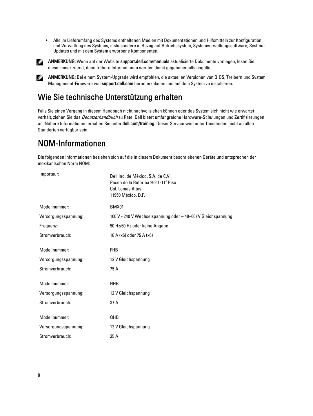 Dell M710HD, M610x, M620, M520, M420, M1000E Wie Sie technische Unterstützung erhalten NOM-Informationen, Versorgungsspannung 