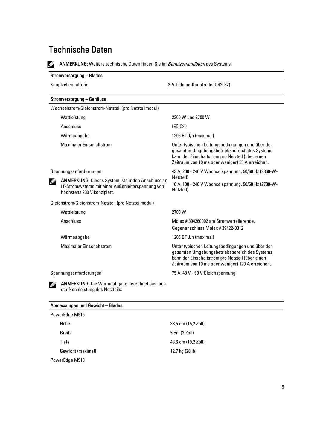 Dell M915, M710, M610x Technische Daten, Stromversorgung Blades, Stromversorgung Gehäuse, Abmessungen und Gewicht Blades 