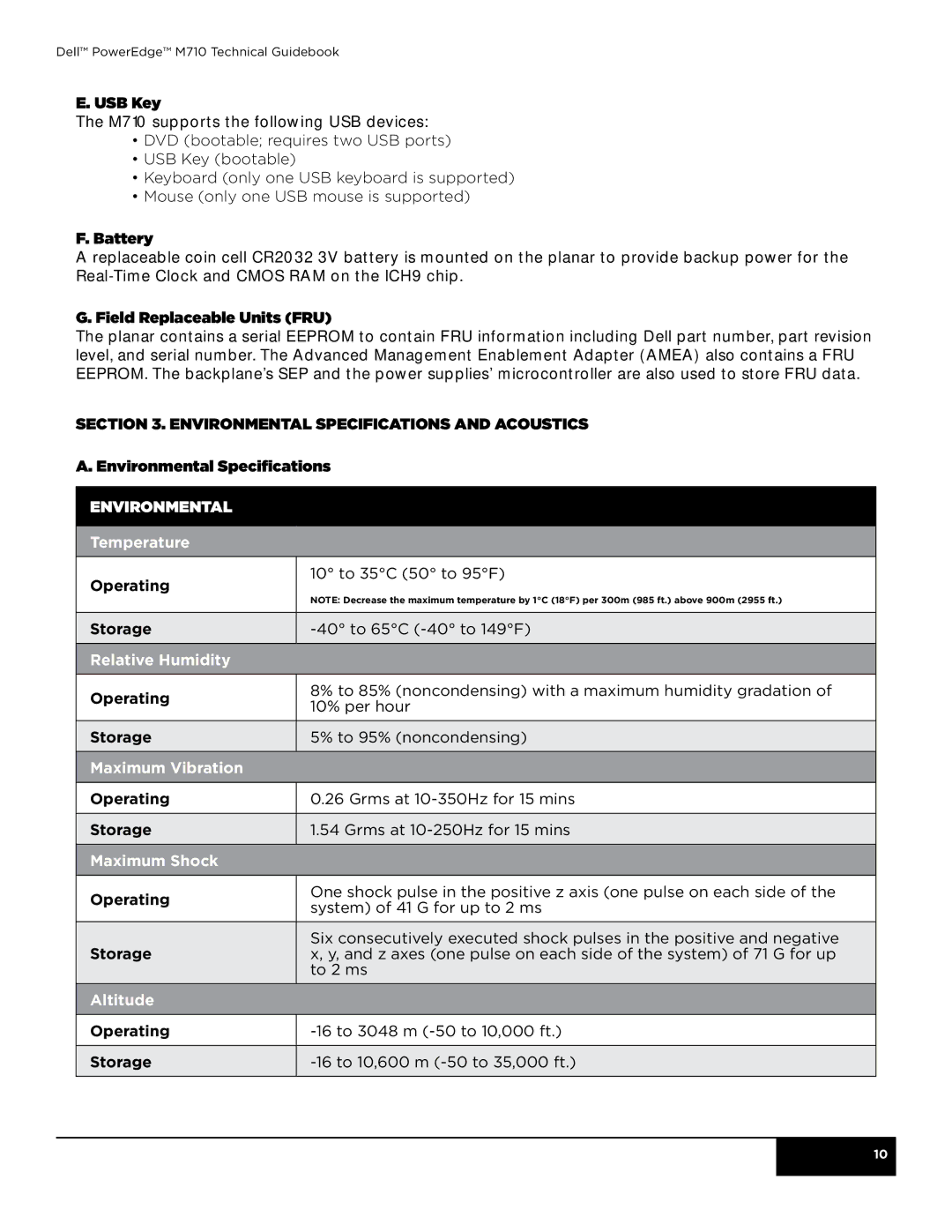 Dell M710 manual Environmental Temperature, Relative Humidity, Maximum Vibration, Maximum Shock, Altitude 