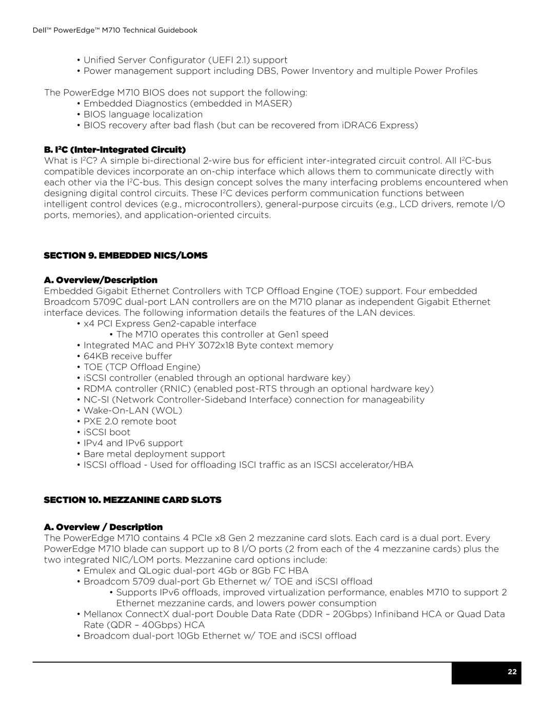 Dell M710 manual I2C Inter-Integrated Circuit, Embedded NICs/LOMs Overview/Description 